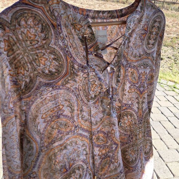 Chico's Sz 3 (XL) Asymmetric Mandala Pattern Boho Tunic Blouse w/Lace-Up Front - Picture 11 of 11